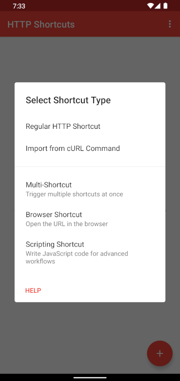 Start creating a shortcut by picking a type